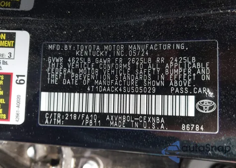 2025 Toyota Camry Le из США, поврежденный, VIN 4T1DAACK4SU505029